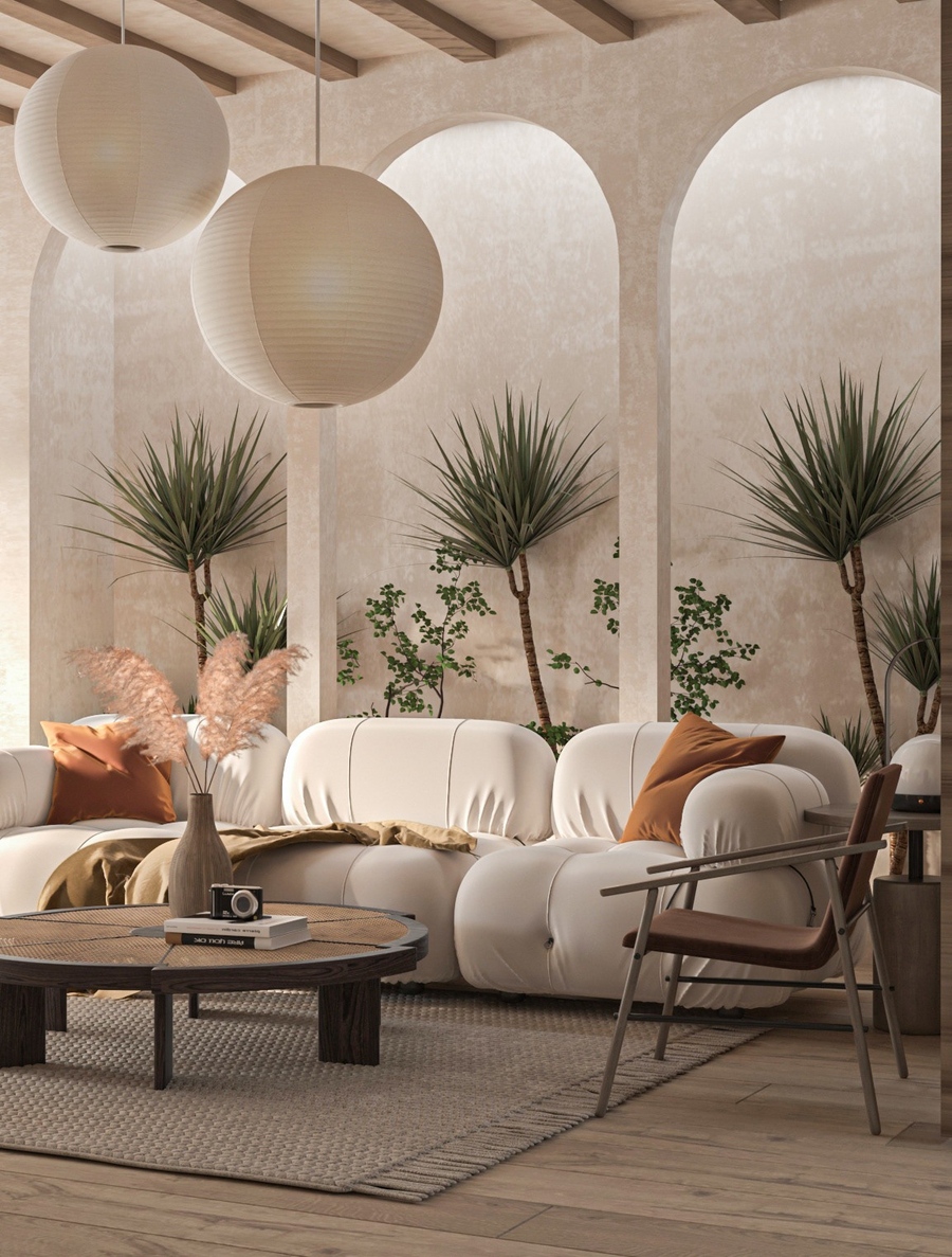 Khám Phá Không Gian Sống Theo Phong Cách Neo Organic 8 Đường cong của vòm tường, sofa bo tròn và cây xanh nội thất làm nên một không gian sống đầy cảm hứng từ thiên nhiên, khuyến khích sự kết nối và thả lỏng tâm trí.